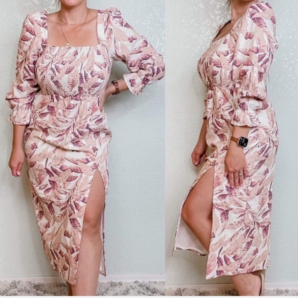 House of Harlow 1960 Linen Blend Midi Dress Pink White Palm Print Size Medium - Picture 11 of 14